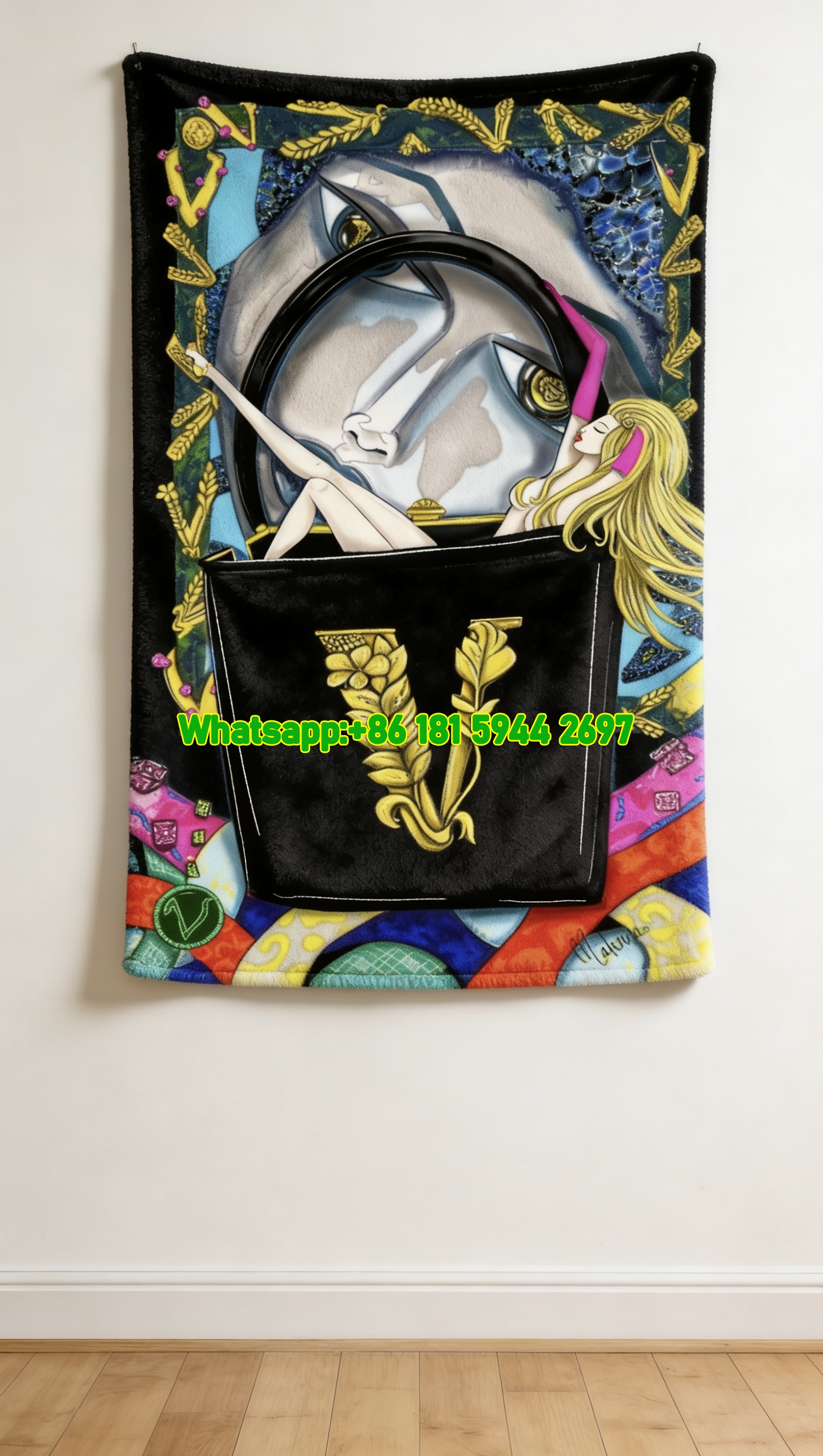 Versace Black Gold Blue Fashion Illustration Print Flannel Sofa Throw Blanket IMG_1744